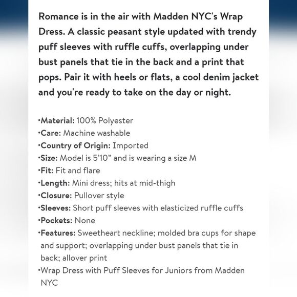 Madden NYC Juniors’ Peasant Dress with Puff Sleeves and Back Tie, Size XL - Picture 9 of 9